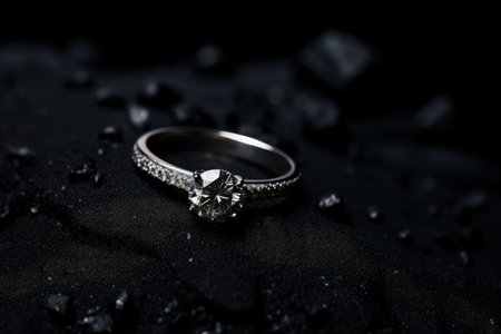 Close up of an elegant engagement diamond ring on a black sand backgroundの素材