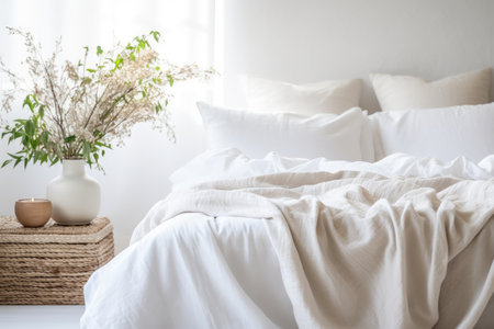 Cozy bed with white sheet in residenceの素材