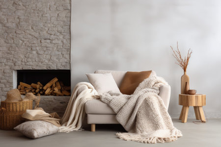 Comfy sofa in a cozy living room with knitted blanketの素材