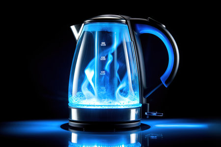 Electric kettle blue lighting isolated on white backgroundの素材