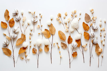 Eucalyptus branches cotton flowers and dried leaves create an autumn pattern on a white background Fの素材