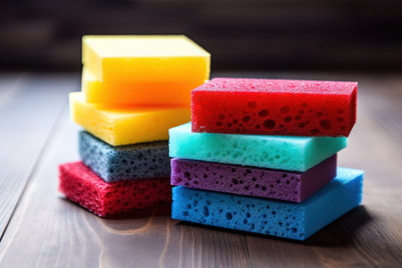 Clearance concept with kitchen sponge and scouring pad on tableの素材