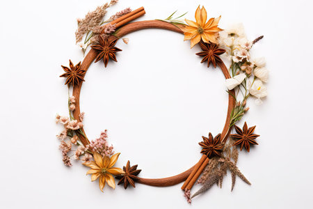 Dry flowers spices form wreath on white backgroundの素材