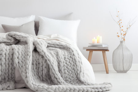 Cozy stylish Scandinavian room with a grey stucco wall featuring a white and grey knitted woolen blaの素材