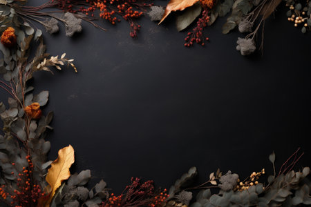 Fall winter theme featuring dried plants on dark background Plant frame Flat lay copy spaceの素材
