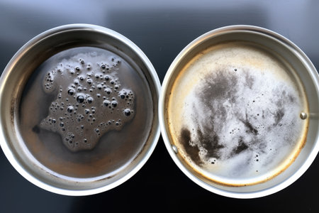 Comparison of a burnt pan image before and after cleaning a stubbornly stained pot from a burnt cookの素材