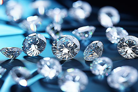 Diamonds with different cuts and sizes displayed at a diamond expert s workplace on a blue backgrounの素材