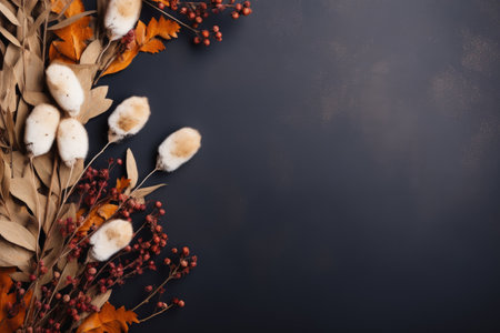 Fall winter theme featuring dried plants on dark background Plant frame Flat lay copy spaceの素材