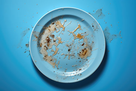 Dirty dish on a blue surfaceの素材