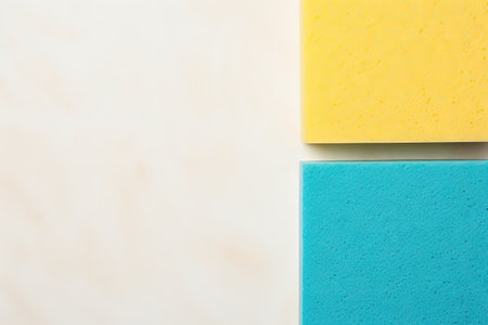 Flat lay of colorful sponges on cream paper top view with empty spaceの素材