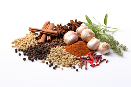 Food cooking ingredients and spices isolated on white backgroundの素材