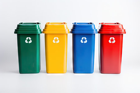 Four vibrant recycling bins against a white backgroundの素材