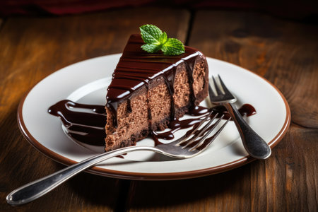 Fork with chocolate cheese cake on wood tableの素材