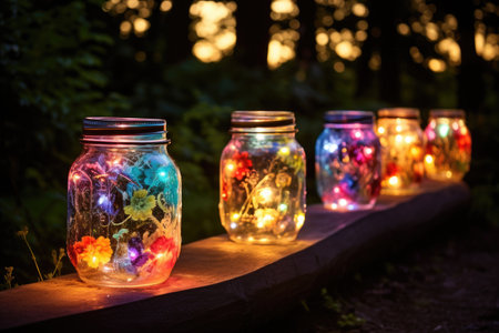 Garden with illuminated boho jarsの素材