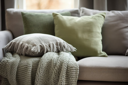Gray and green throw pillows create a comfortable atmosphere in the homeの素材