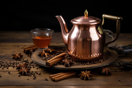 Indian masala chai made with milk spices and served in a copper mugの素材