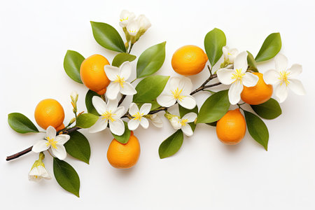 Isolated orange tree branches with leaves and sliced fruit on white backgroundの素材