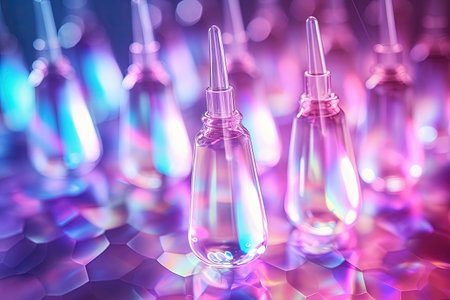 Holographic background closeup top view copy space for hyaluronic acid and collagen serum dropsの素材