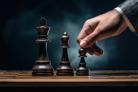 Man s hand holds a chess piece king The figure flies Chess is a cerebral gameの素材