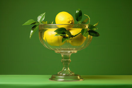 Lemon with transparent podium in green background seen from the frontの素材