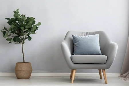 Minimalist bedroom or living room with gray modern armchair blue pillow soft blanket table pot withの素材
