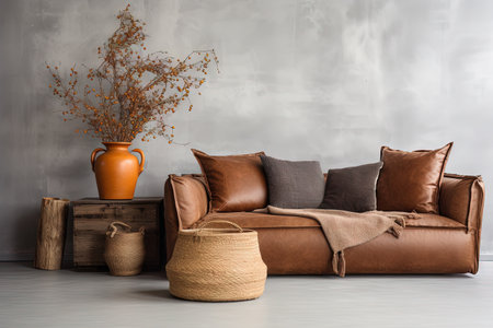 Loft living room with brown couch knitted blanket cushions side table with flowers in vase and wickeの素材