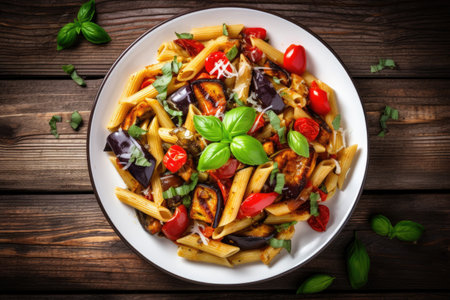 Italian rustic style pasta salad with baked penne peppers eggplant pesto and cheese served on a whitの素材