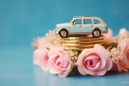Marriage symbolized by gold rings on toy car with flowers blue backgroundの素材