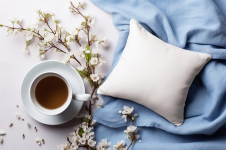 Mockup of rustic linen pillowcase featuring apple blossom branches blue scarf and coffee cup for desの素材