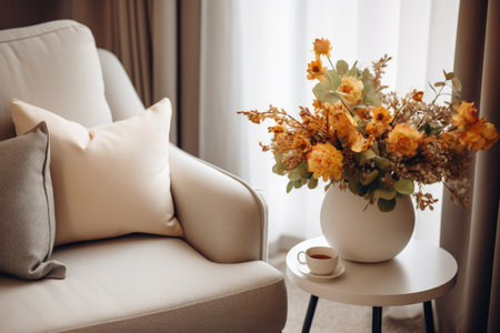 Modern living room in apartment with new furniture and home decor featuring a coffee table near a beの素材