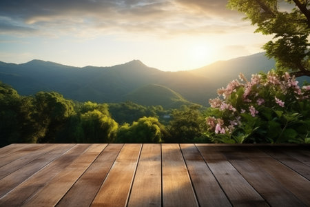 Morning nature landscape with wooden terrace tableの素材
