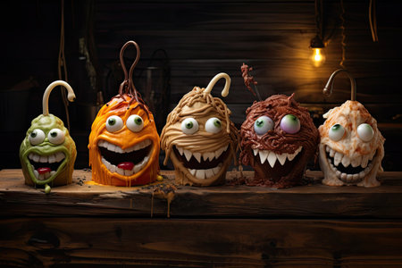 Monstrously decorated desserts on wooden table for Halloweenの素材