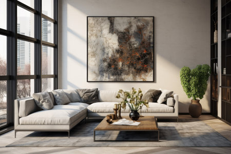 Modern living room with couch and rugの素材