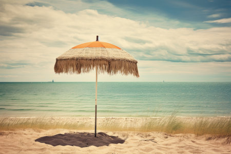 Old style beach photo featuring an umbrellaの素材