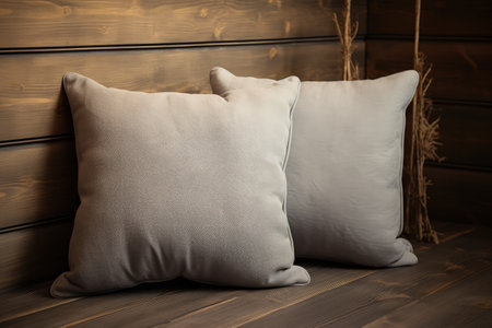 Two gray cushions on a wooden table seen from the side Soft square pillows on a wooden surface againの素材