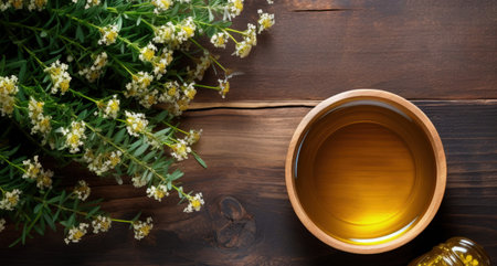 Top view of olive oil with thyme and salt flower on a wooden backgroundの素材