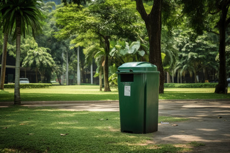 Trash bin with foliage and grass background Indonesian for Wet Garbage Cans Plastics Newspaperの素材