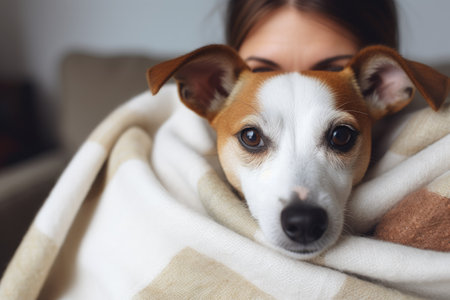 Young woman cuddling with cute jack russell puppy on couch under blanket Cozy time at home with beloの素材