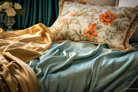 Photo pour Detailed view of bed adorned with exquisite silk beddings - image libre de droit