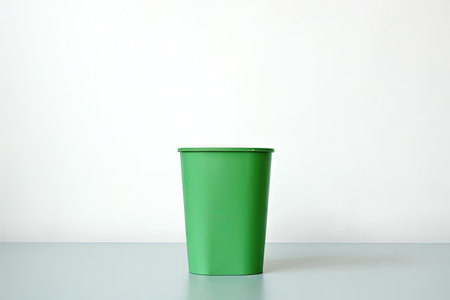 Eco friendly concept advertising image a green plastic trash can with soft focus on a white backgrouの素材