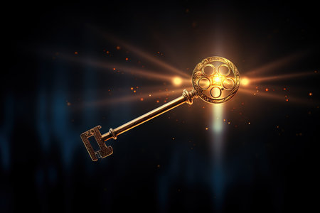 Glowing golden key amidst darkness representing wisdom wealth and spiritualityの素材