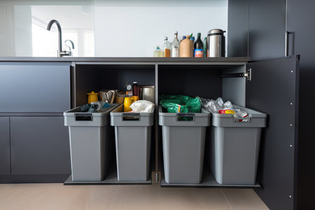 Empty kitchen trash bins in cabinet for sorting wasteの素材