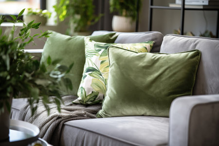Gray and green throw pillows create a comfortable atmosphere in the homeの素材