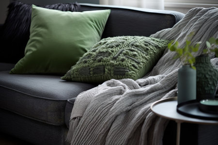 Gray and green throw pillows create a comfortable atmosphere in the homeの素材
