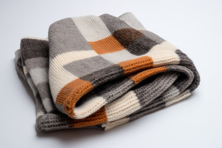 Knitted blanket with grey and brown check pattern foldedの素材