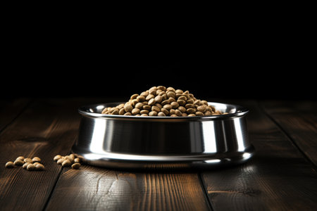 Metallic bowl with dog food on black wooden backdropの素材