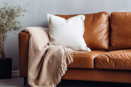 Modern living room with a brown eco leather couch soft cushions and a knitted white blanket near theの素材