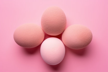 Pink background with horizontal top view of make up sponge puff also known as a make up egg toolの素材