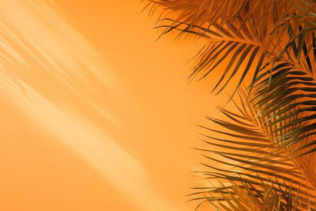 Tropic palm leaf overlay on orange backdrop Product display Natural silhouette on wallの素材