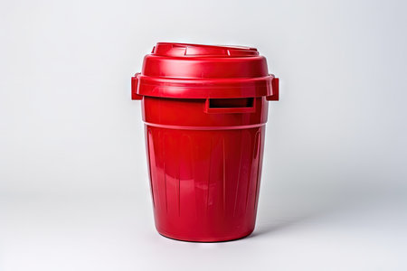 Selective focus on white background with red plastic trash binの素材
